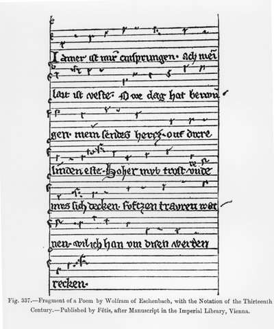 Fragment of a poem by Wolfram of Eschenbach, published by Fetis, illustration from 